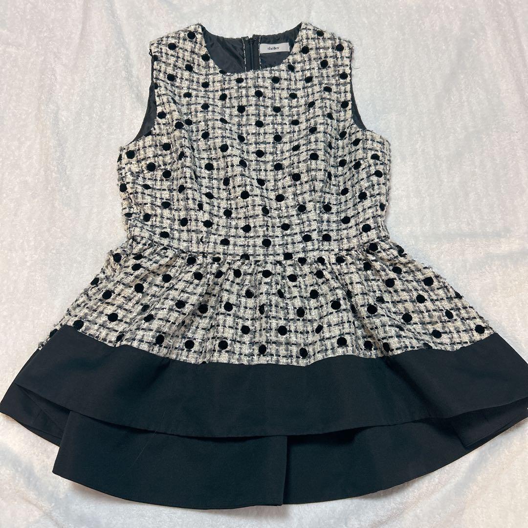 sheller シェリエ ノースリーブ ペプラムトップス 異素材 ブラック 黒