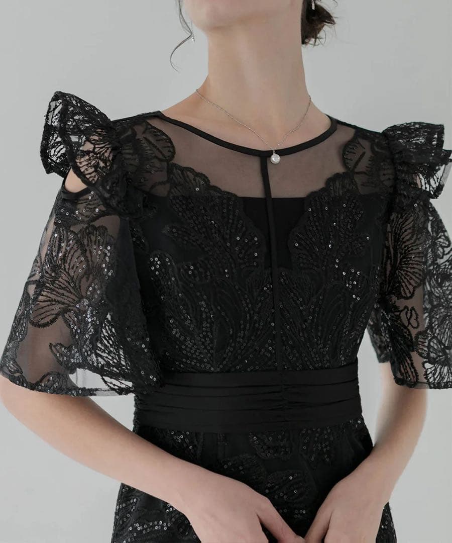 LEJA フラワーレースシアーフリルマーメイドワンピースドレス ブラック