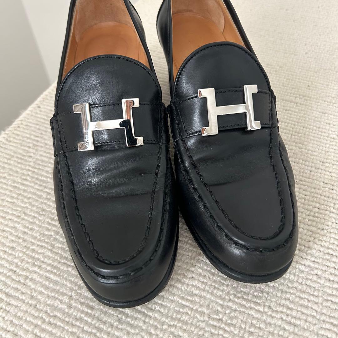 エルメス ローファー コンスタンス H金具 ヒール パンプス 黒 23cm