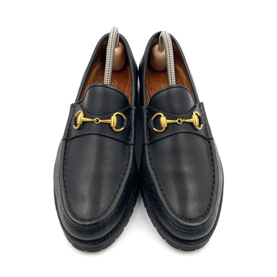 《未使用級》グッチ ホース ビット ローファー レザー ゴールド金具 黒系 37