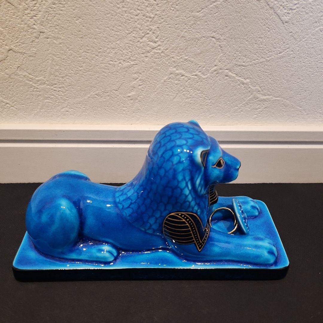 新品　幸兵衛窯 青釉オーナメント セクメト 古代エジプトの神　ライオンの置物