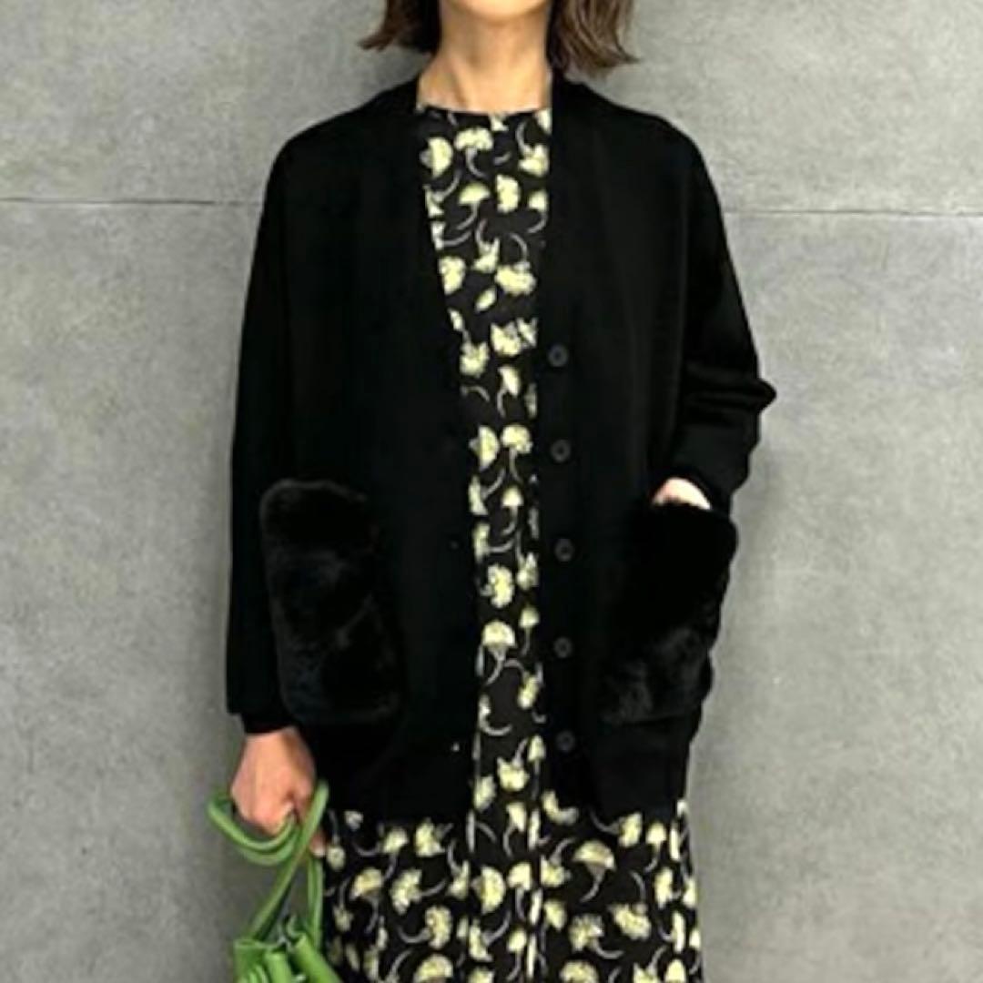 Ballsey ウールポリエステルミラノリブ ファーポケットカーディガン 黒 S