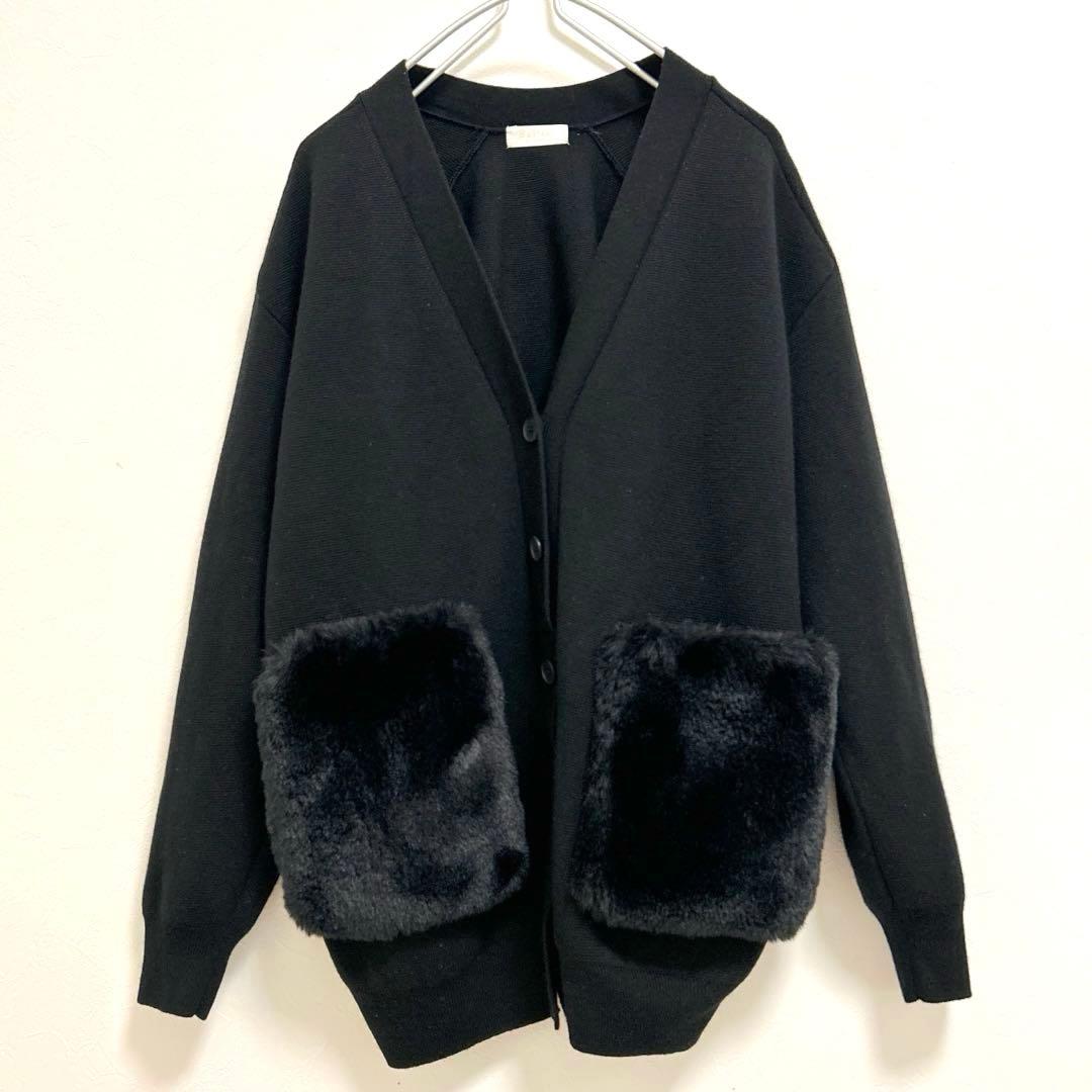 Ballsey ウールポリエステルミラノリブ ファーポケットカーディガン 黒 S
