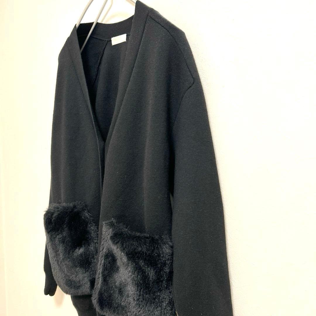 Ballsey ウールポリエステルミラノリブ ファーポケットカーディガン 黒 S