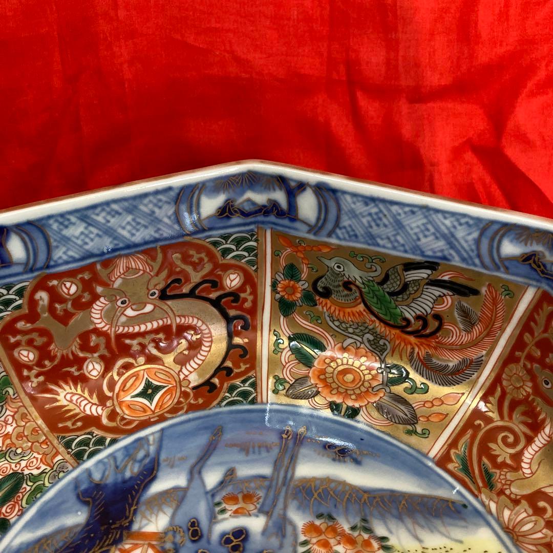 古伊万里　色絵金彩　八角鉢　龍鳳神獣蝶鹿竹林人物図　富貴長春　江戸期