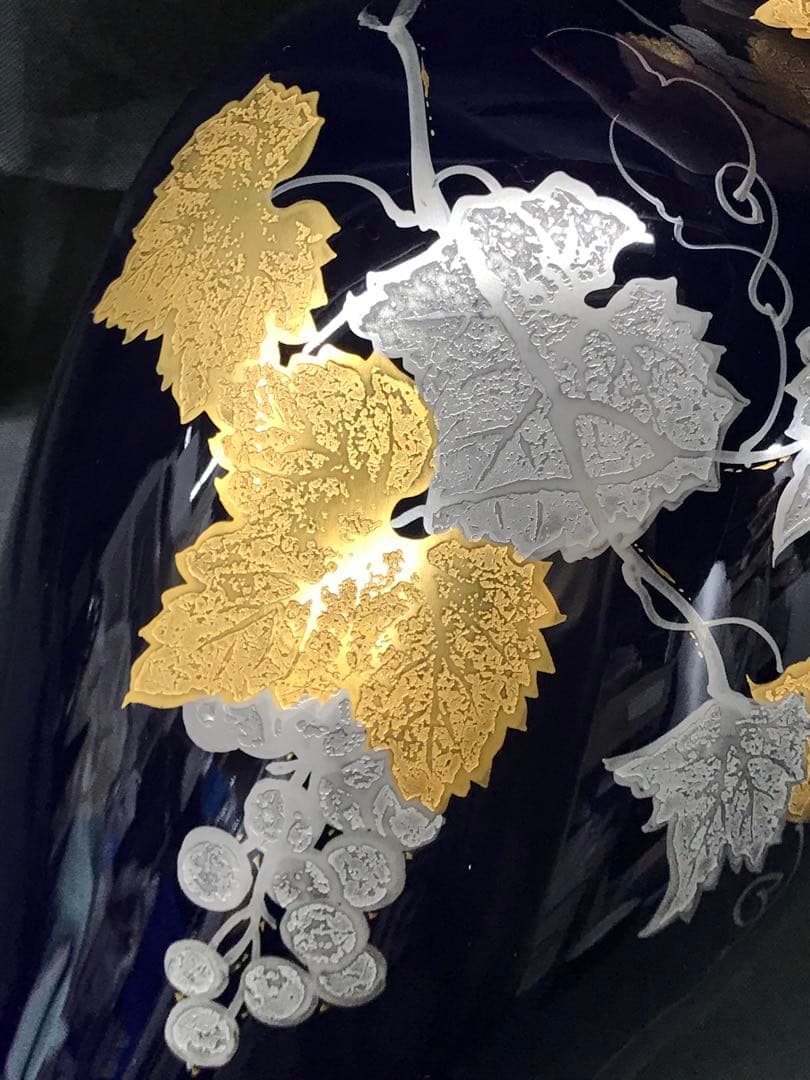 【経年保管品】大倉陶園　瑠璃金触葡萄　花瓶　フラワーベース　瑠璃　葡萄