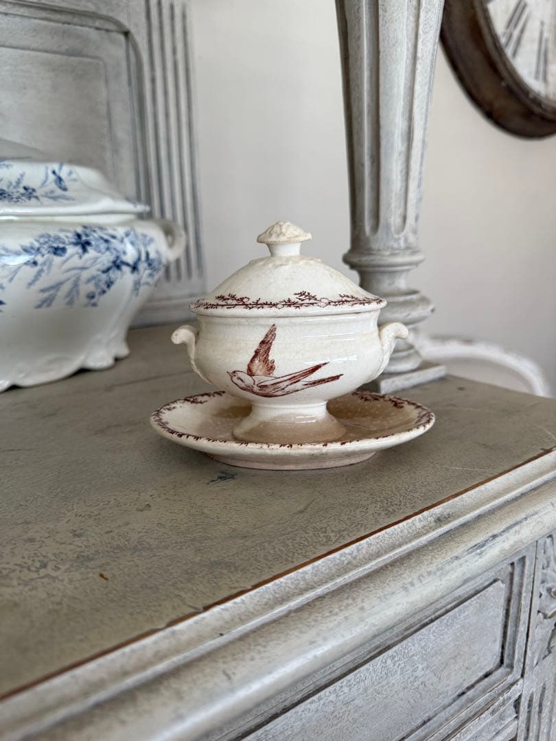 フランスアンティーククレイユモントローSYLVAミモザシリーズ小鳥柄ムタディエ