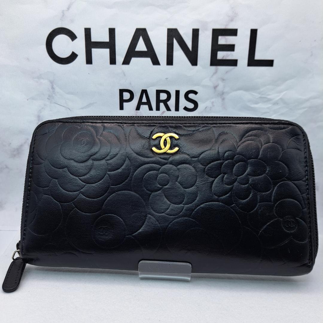 CHANEL　カメリア　ラウンドジップ　ブラック 長財布　ラムスキン