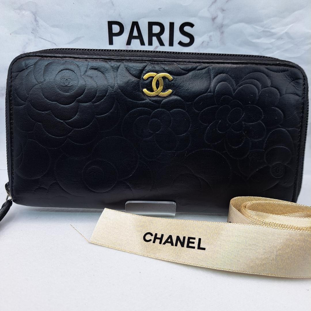 CHANEL　カメリア　ラウンドジップ　ブラック 長財布　ラムスキン