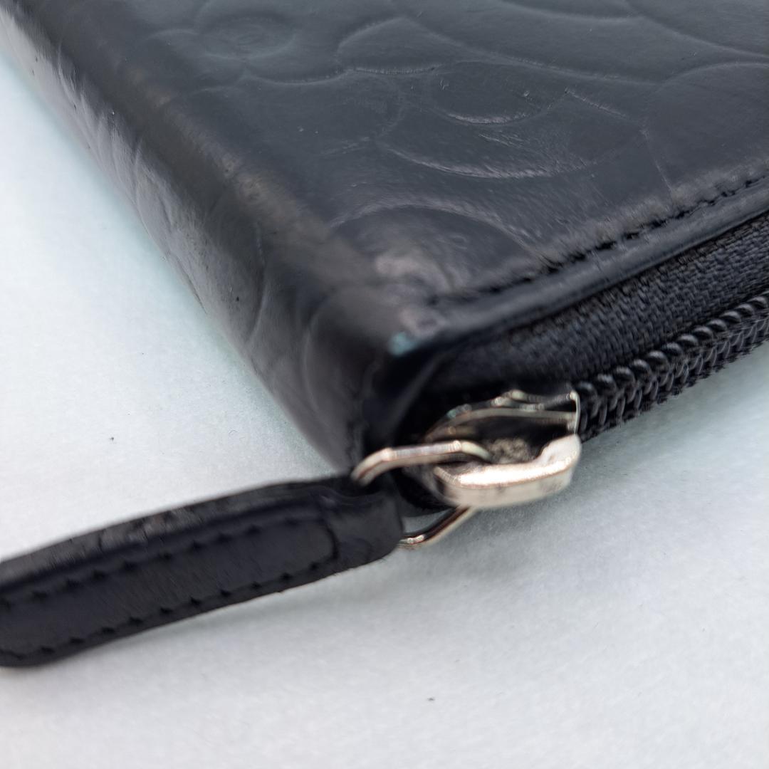 CHANEL　カメリア　ラウンドジップ　ブラック 長財布　ラムスキン