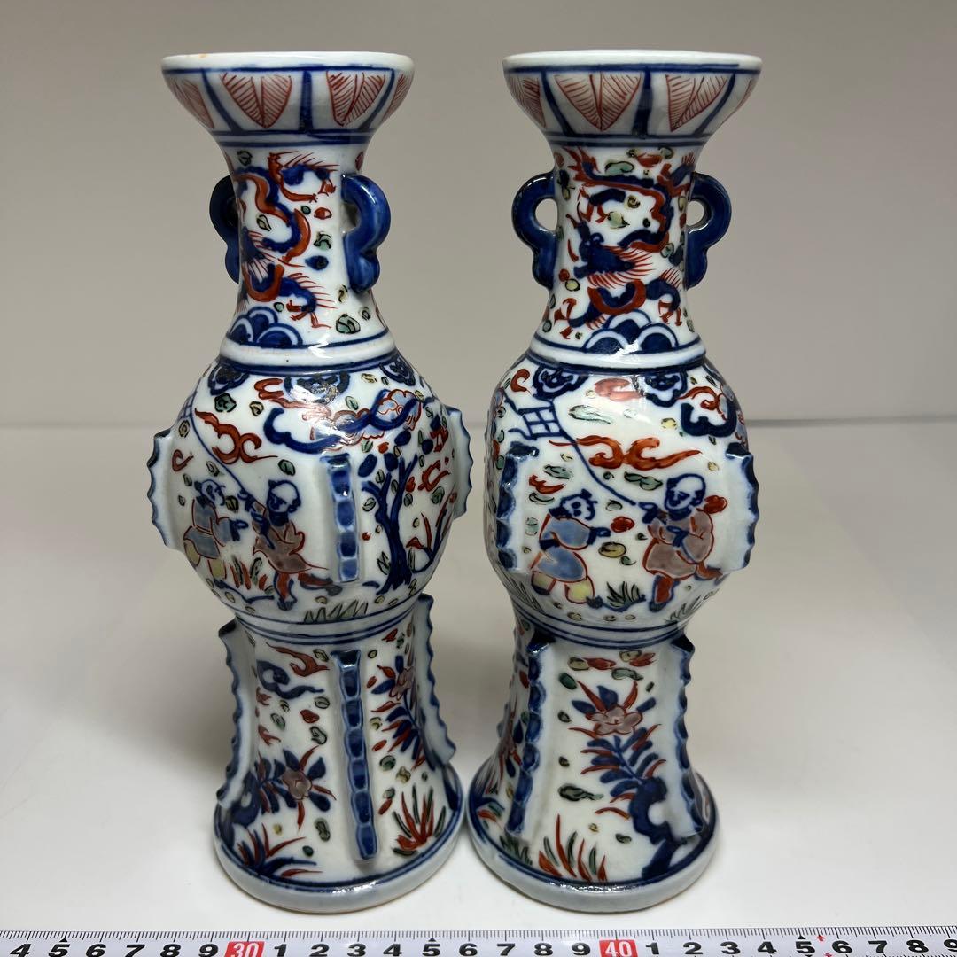 専用中国美術大明萬暦年製　赤絵花入一対　高さ22.5㎝　東Y7-1022①タカチ