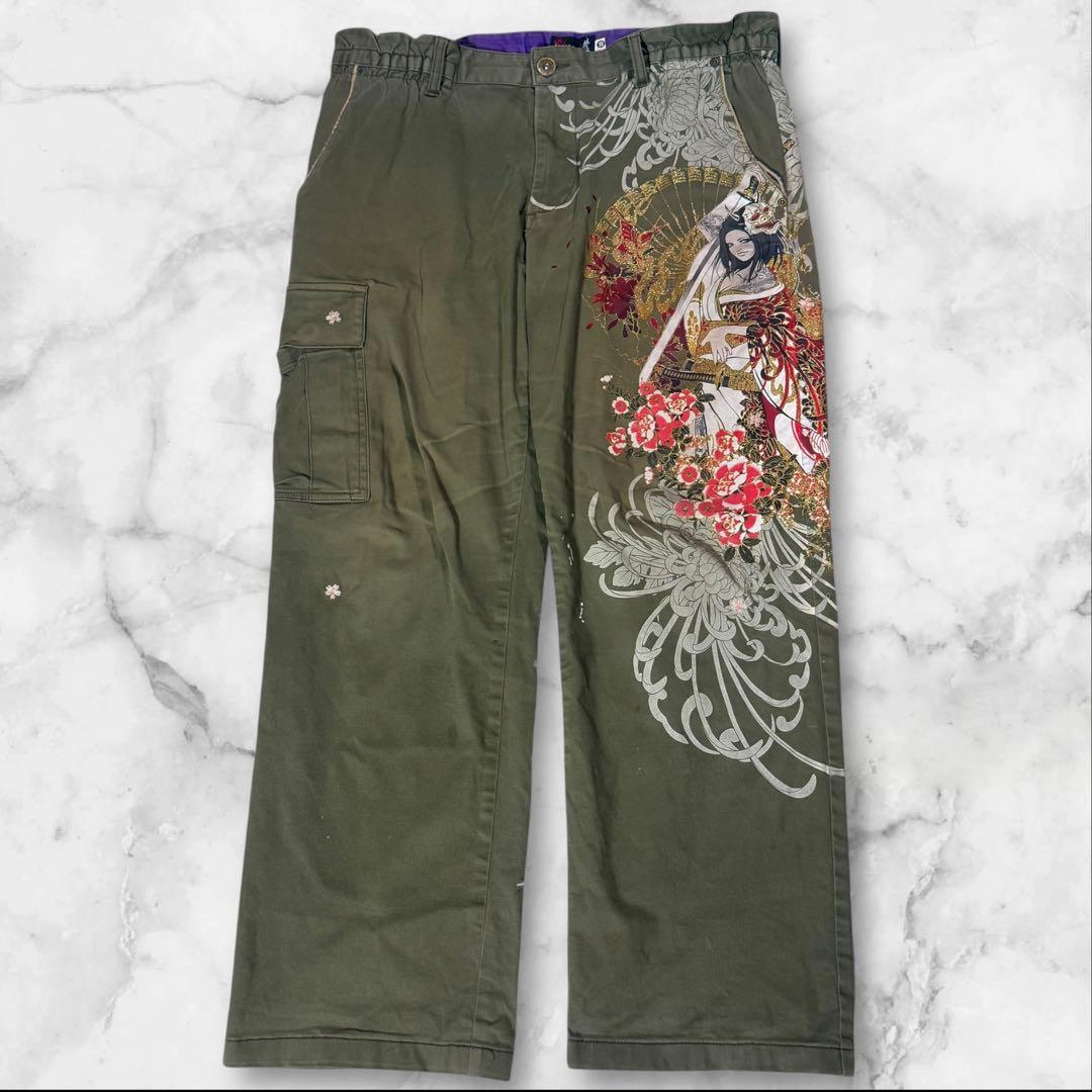 【Y2K】絡繰魂 抜刀娘 般若面 和柄 カーゴパンツ カーキW36
