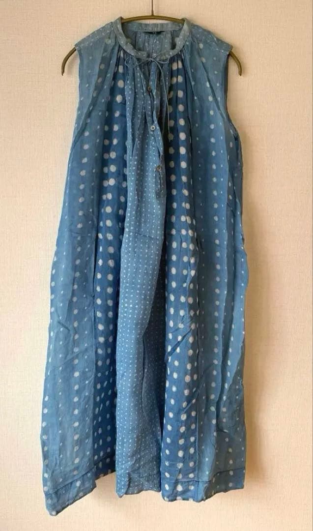 45R 藍コットンシルク　水玉ノースリーブドレス　フリーサイズ
