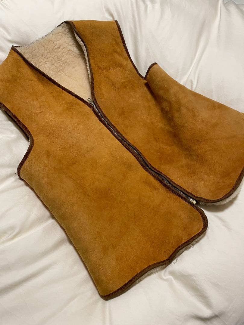 ヴィンテージ　ムートン　ボア　ベスト　70s 80s レザー　ファー