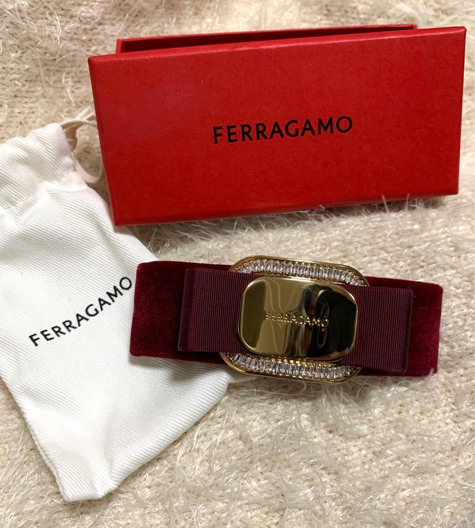 【美品】FERRAGAMOフェラガモ スエードリボンバレッタボルドー ビジュー