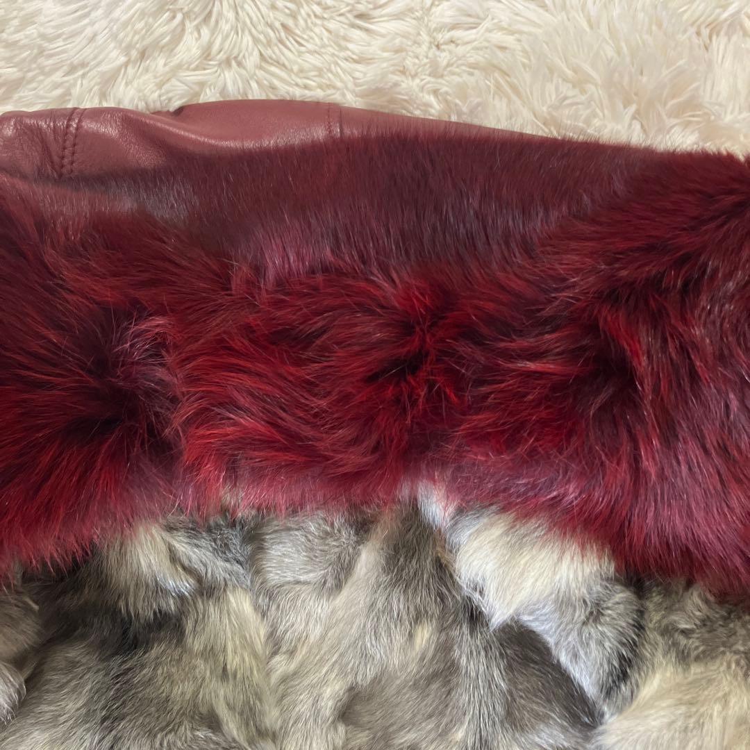 バーガンディ 羊皮コートフォックスファー付き　インナーはラビット取り外し可能