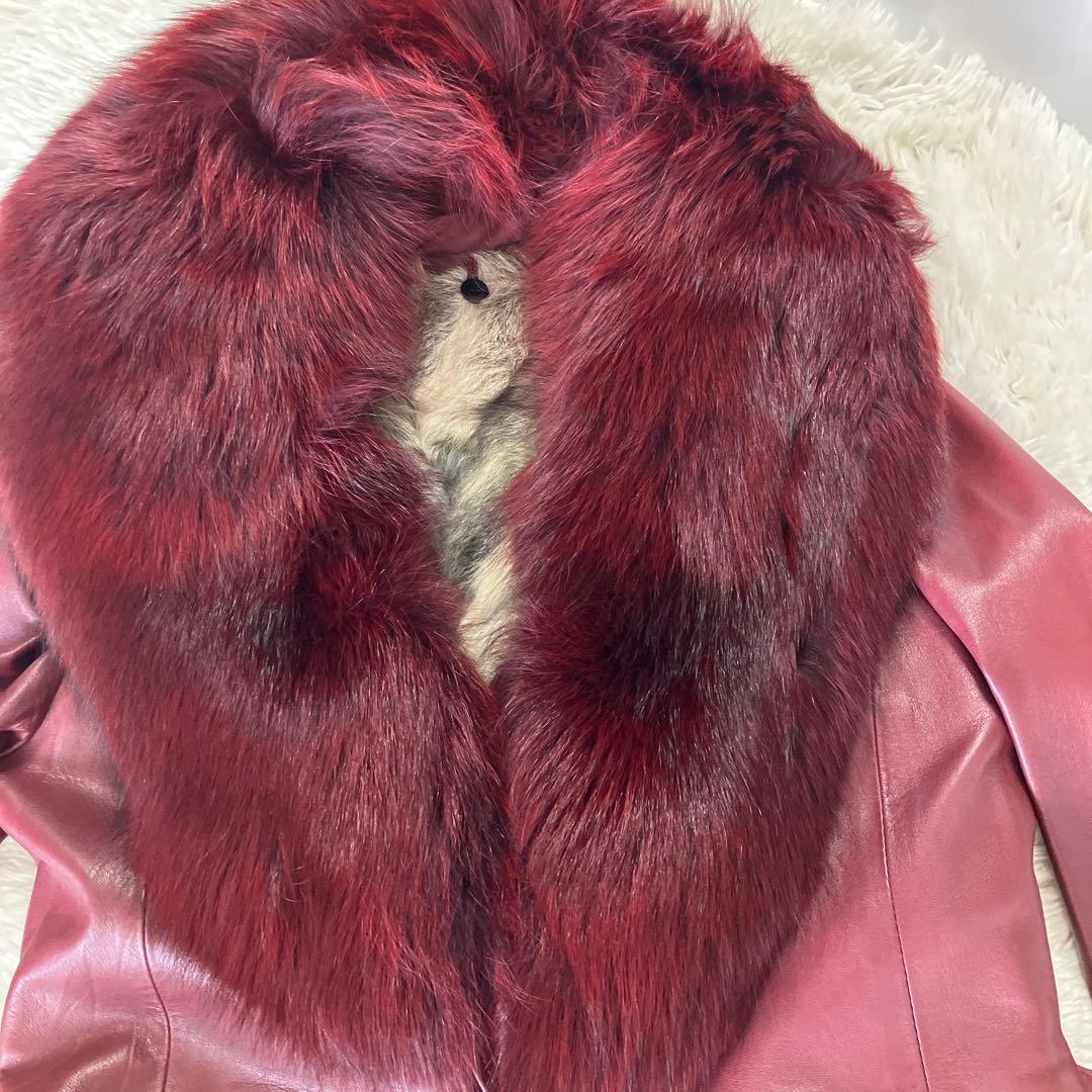 バーガンディ 羊皮コートフォックスファー付き　インナーはラビット取り外し可能