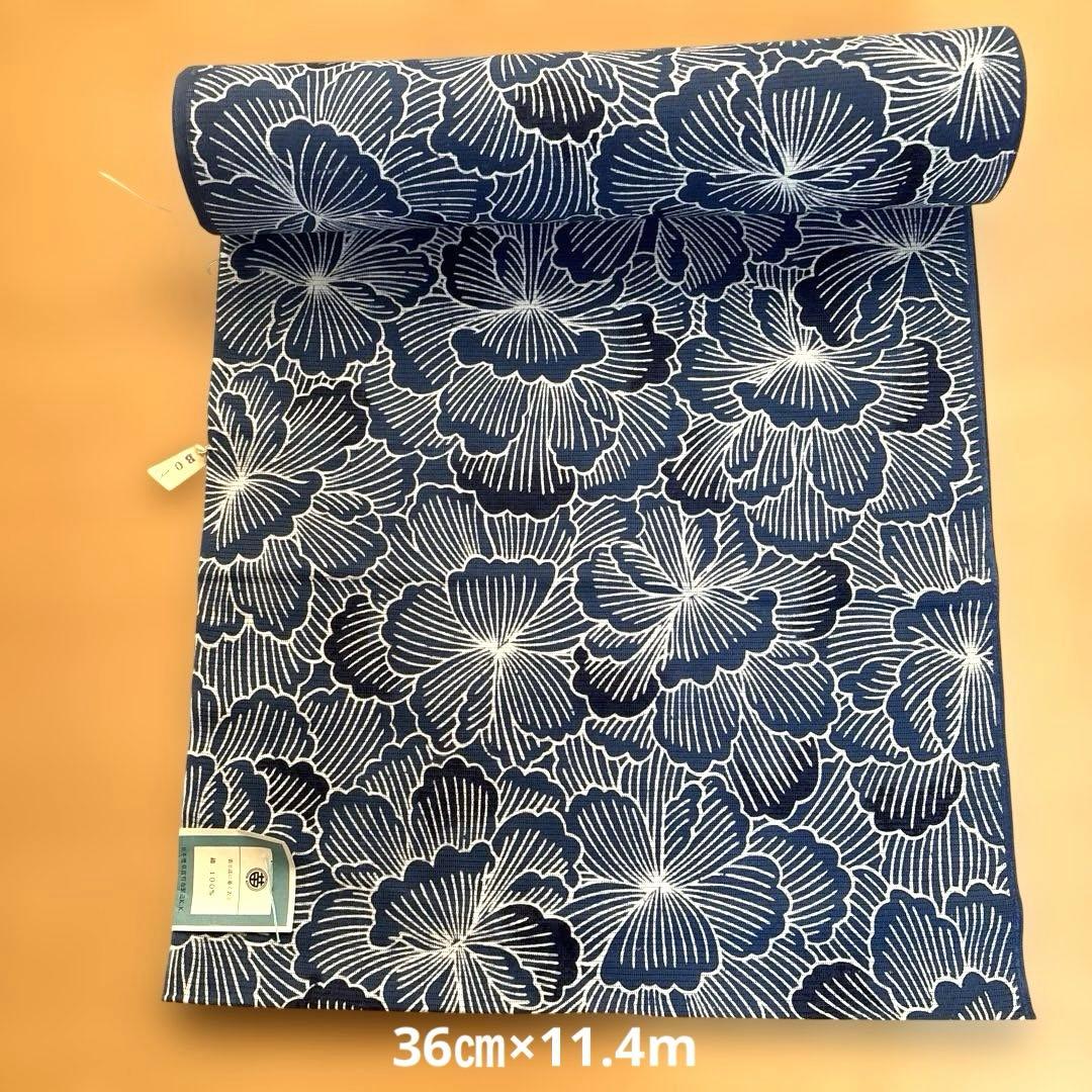 浴衣反物　藍色花柄　一反(36㎝×11.4m)