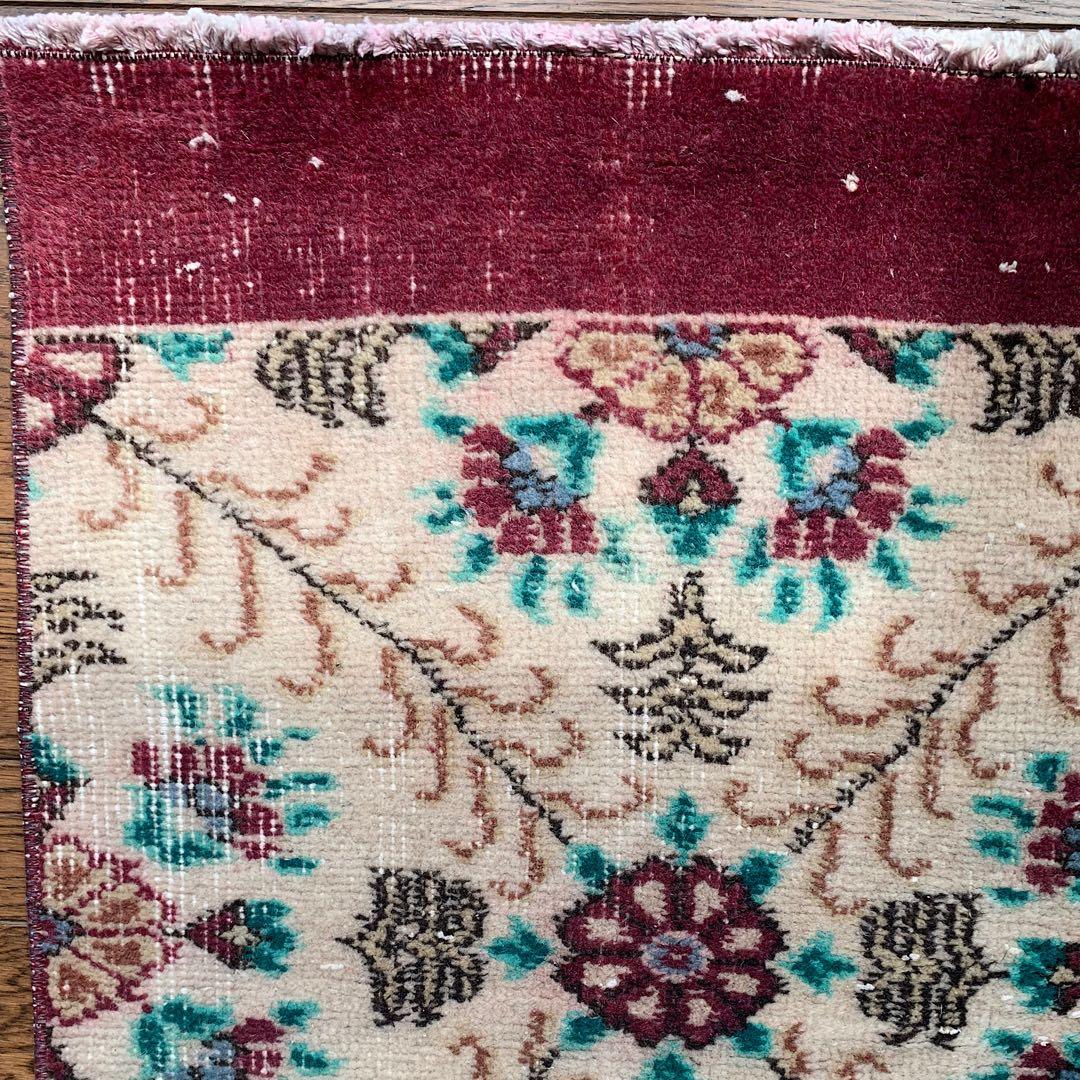 トルコヴィンテージラグ　大判ロング　225×98フラワー　ボルドー　ウール　厚み