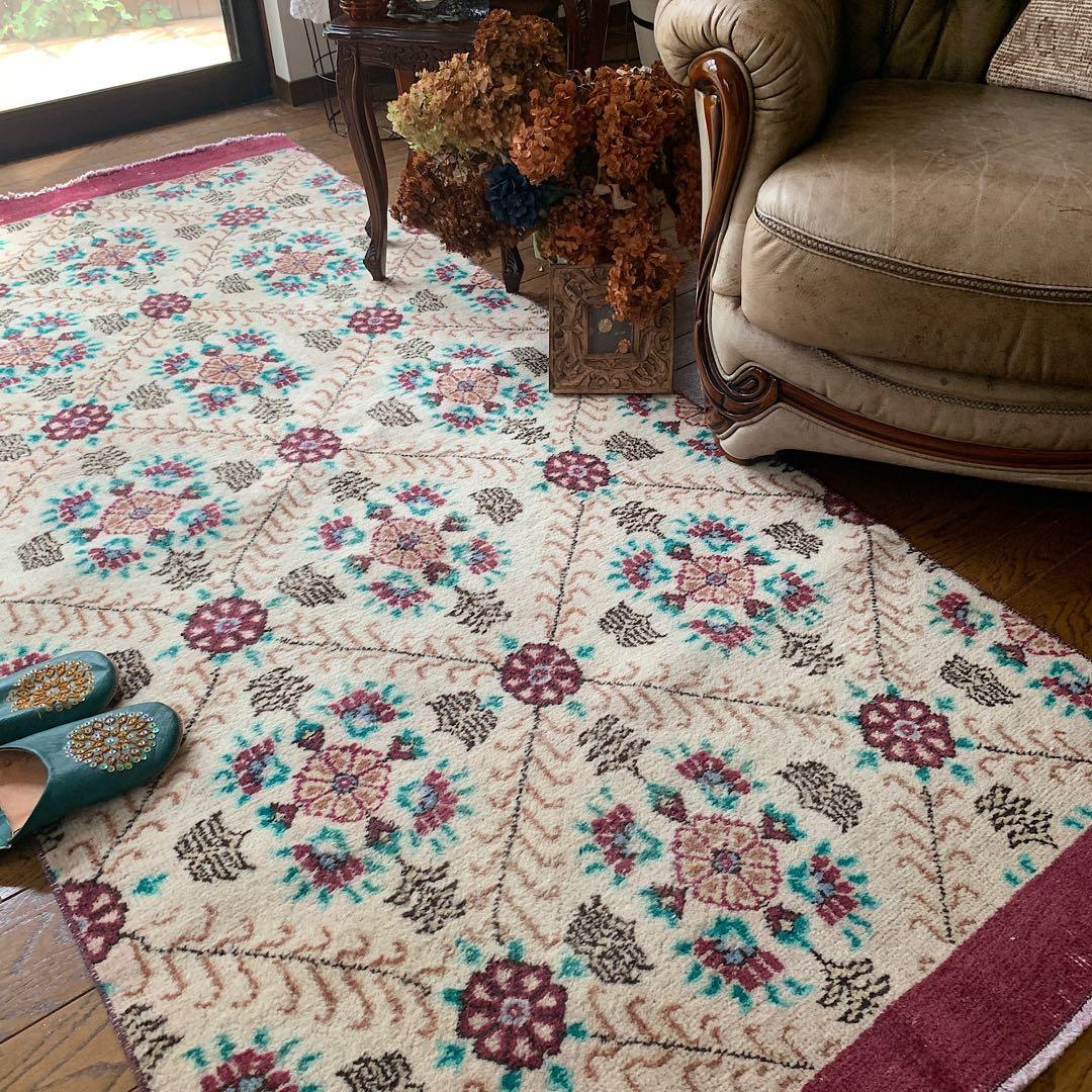 トルコヴィンテージラグ　大判ロング　225×98フラワー　ボルドー　ウール　厚み