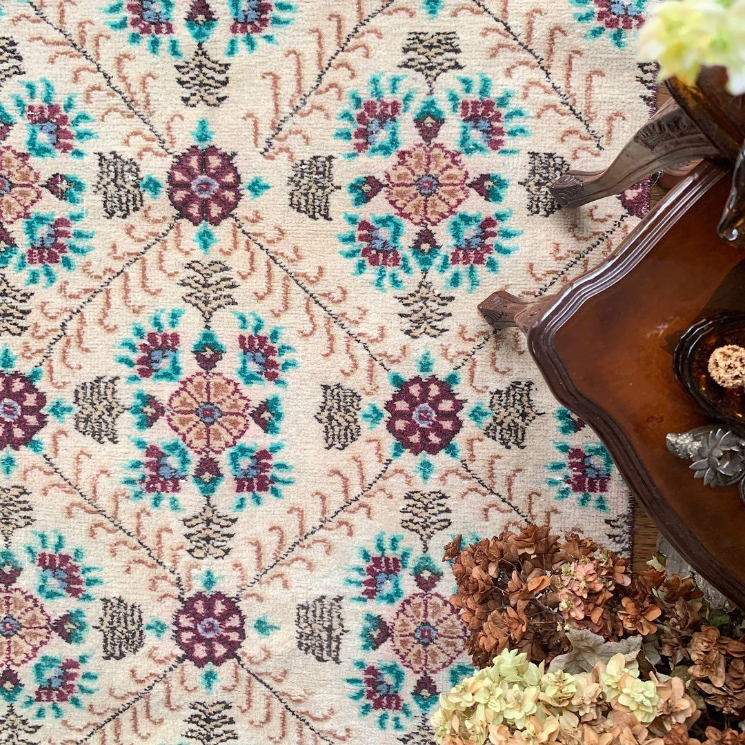 トルコヴィンテージラグ　大判ロング　225×98フラワー　ボルドー　ウール　厚み