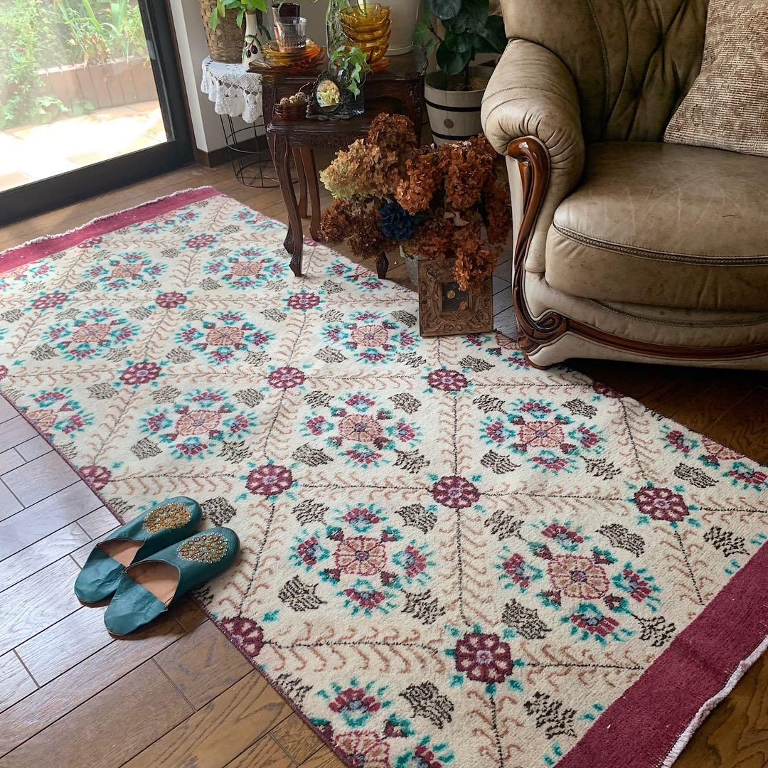 トルコヴィンテージラグ　大判ロング　225×98フラワー　ボルドー　ウール　厚み