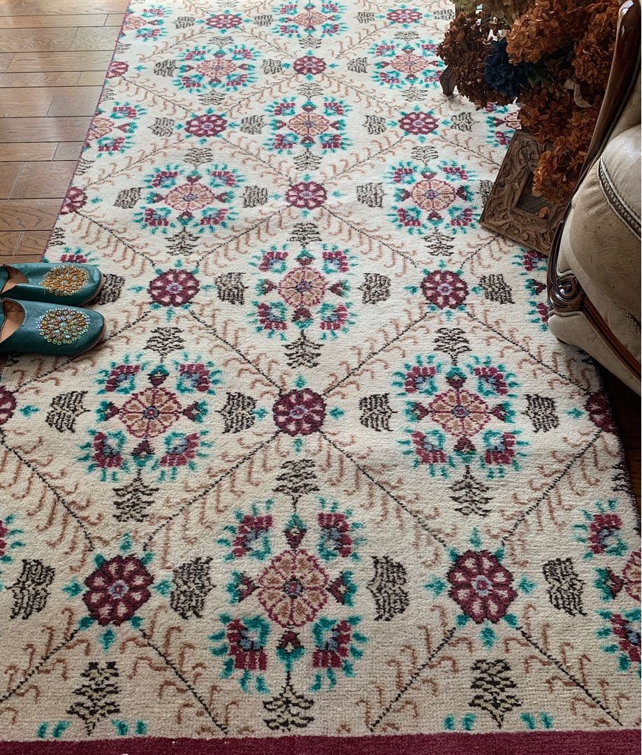 トルコヴィンテージラグ　大判ロング　225×98フラワー　ボルドー　ウール　厚み