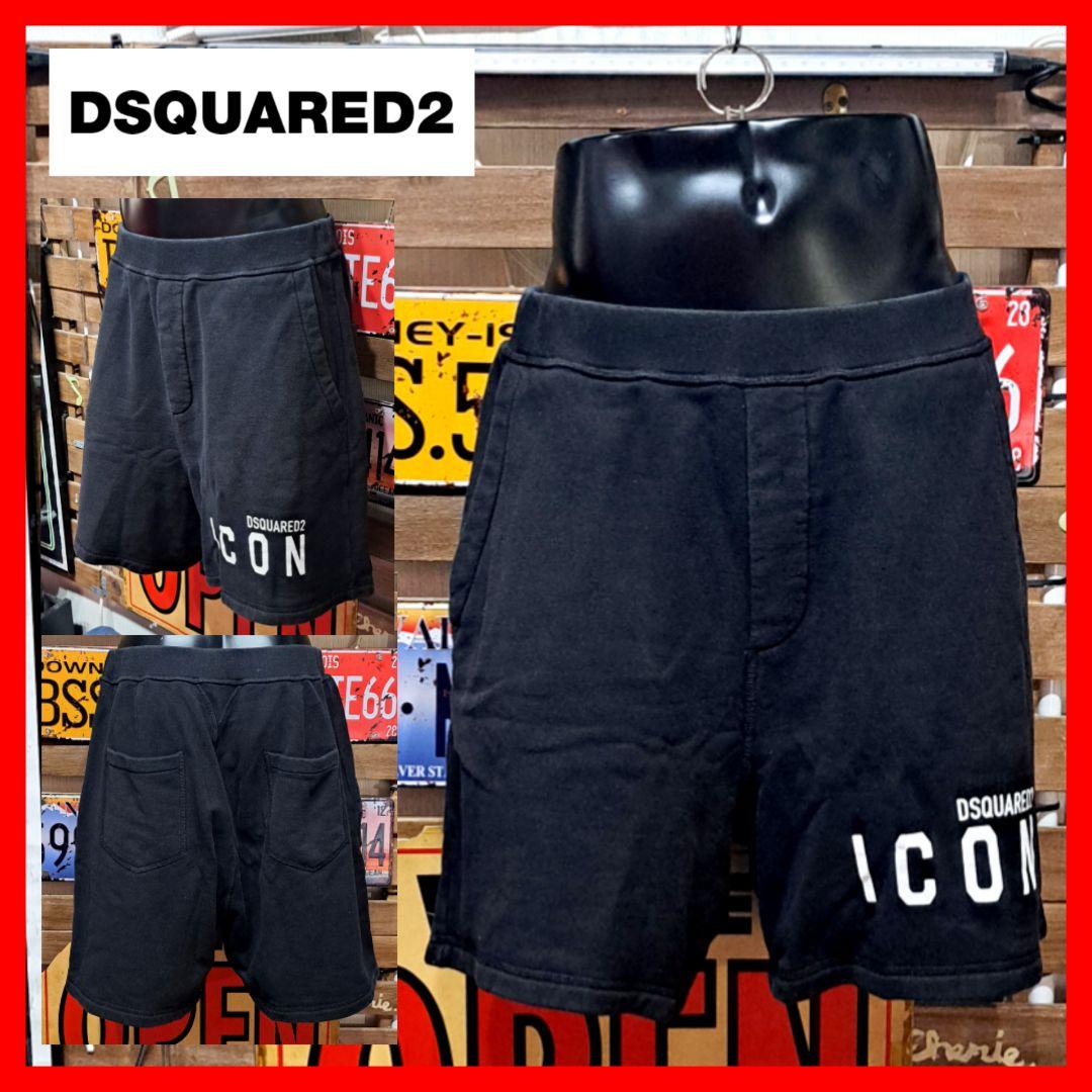 ディースクエアード　アイコン　プリント　裏起毛　ハーフパンツ　L　ブラック