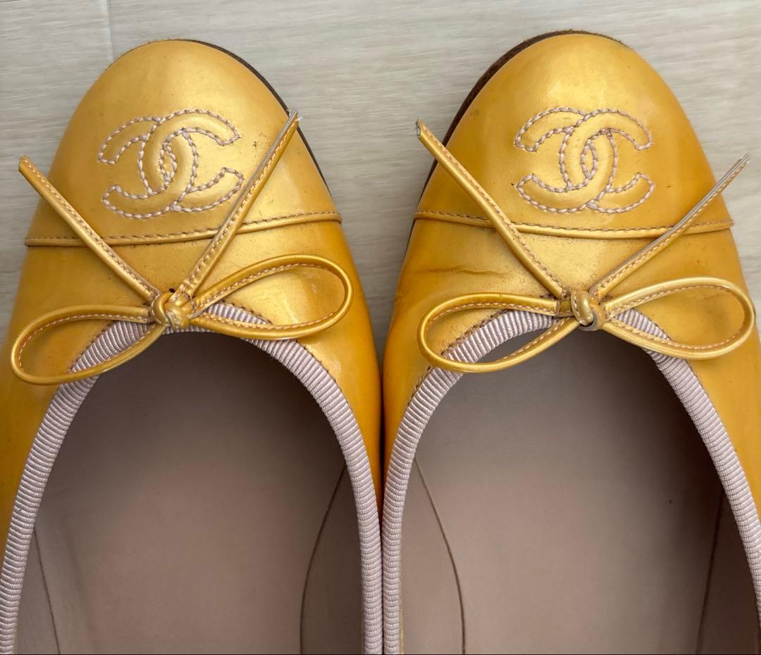 CHANEL シャネル　イエロー リボン付き フラットシューズ