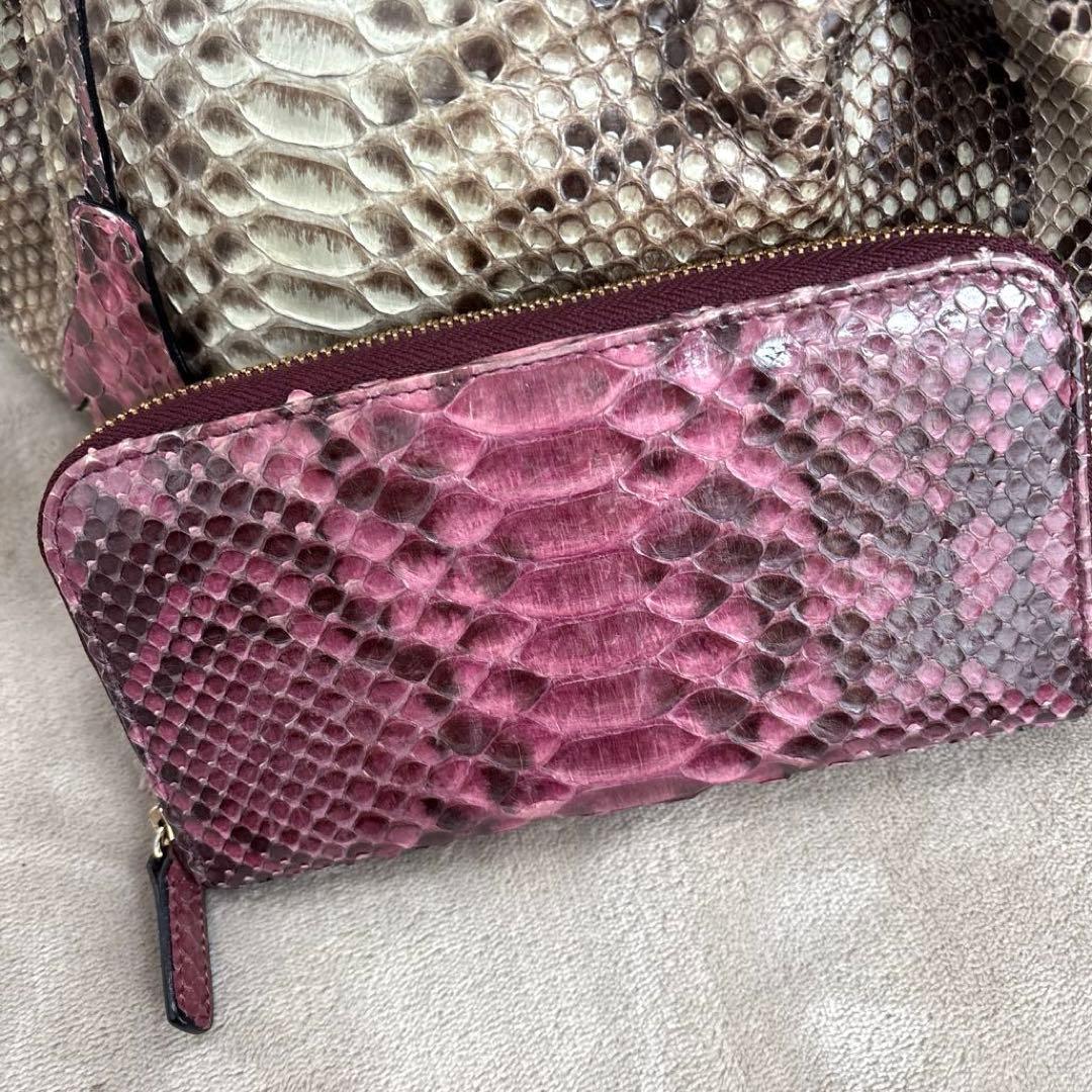 パイソンハンドバッグ ＆ウォレット　グレージュ×ピンキッシュパープル　2セット