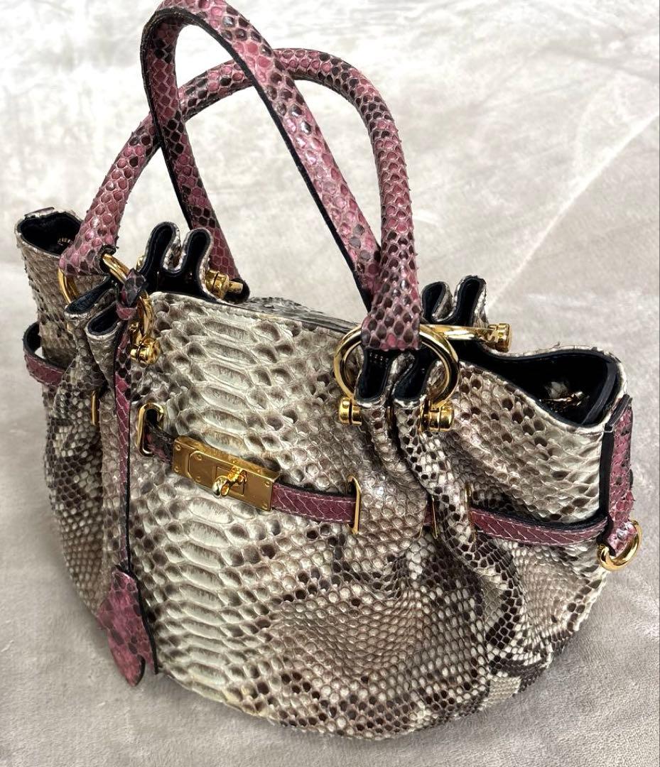 パイソンハンドバッグ ＆ウォレット　グレージュ×ピンキッシュパープル　2セット