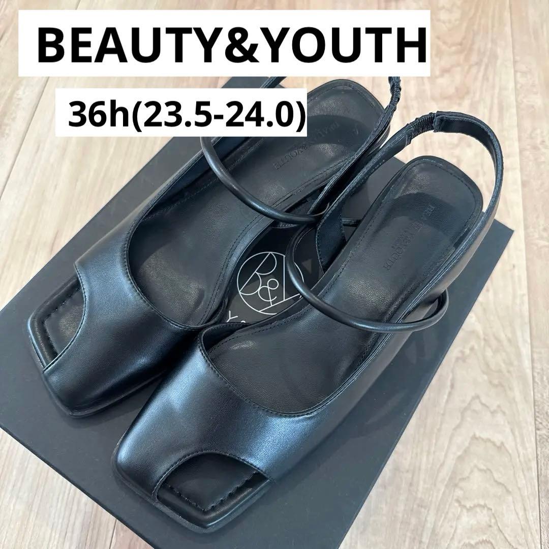 BEAUTY&YOUTHレザーライクオープントゥバックストラップミュールサンダル
