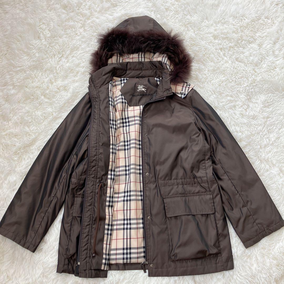 希少　バーバリーロンドン　モッズコート　ノバチェック　リアルファー　ダウン