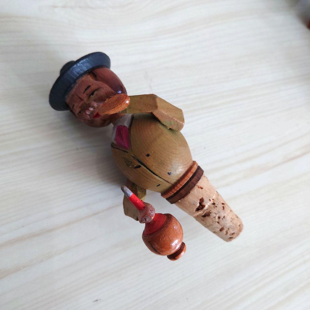 アンティーク　木彫り　人形からくり ボトルストッパー　4個