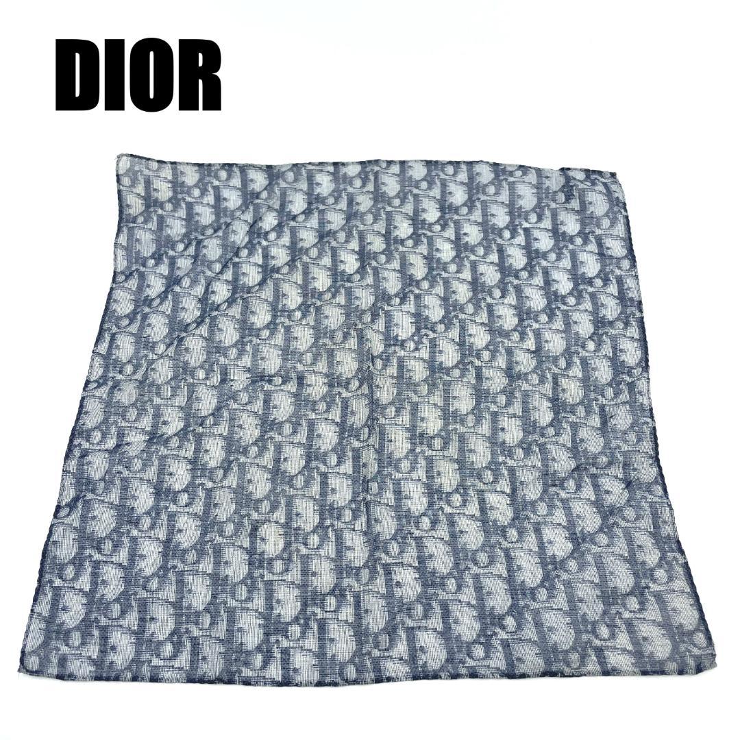中古美品　DIOR　ハンカチ 総柄 トロッター オブリーク 綿100％ ネイビー