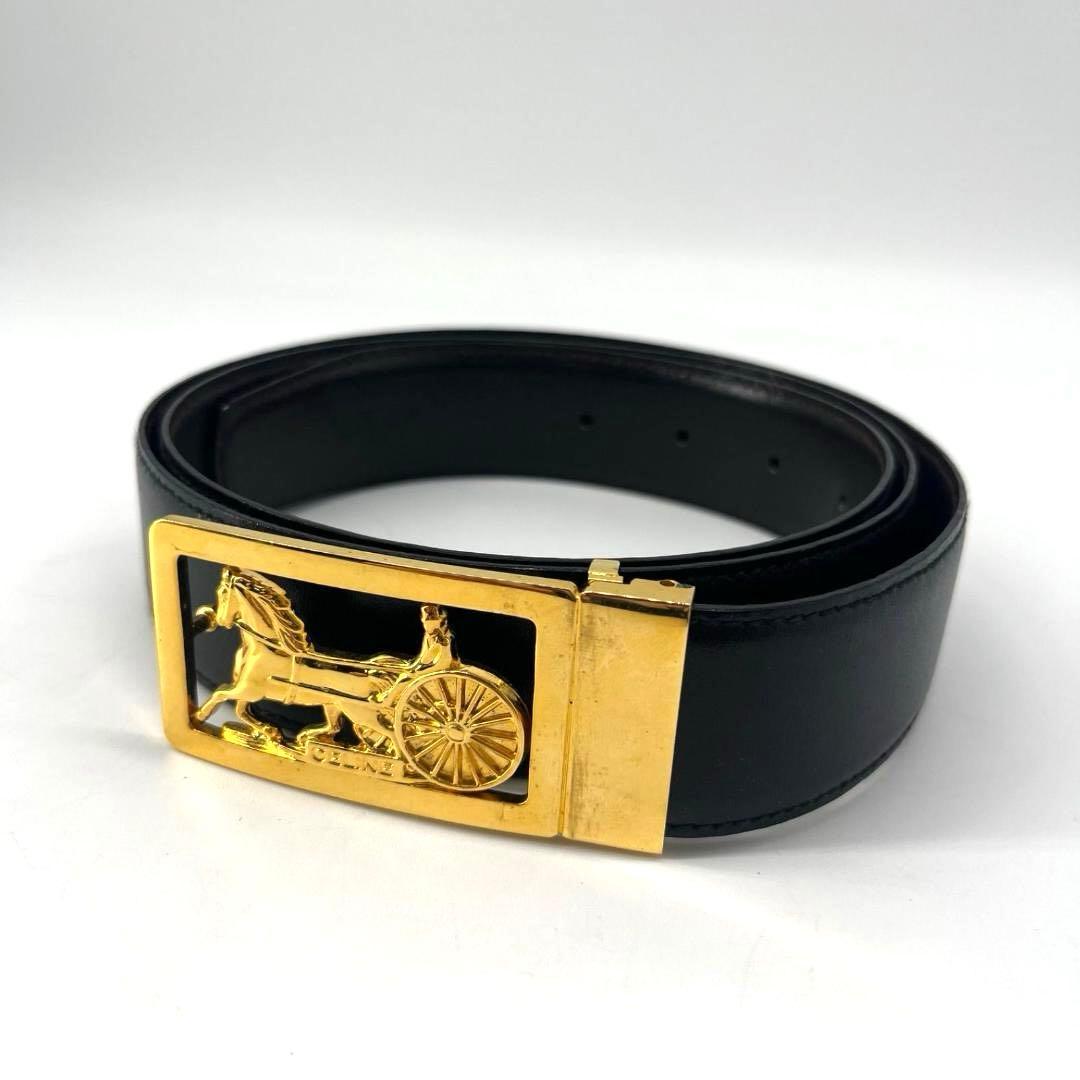 美品✨セリーヌ 馬車金具 ゴールド レザー ベルト 黒 ブラック