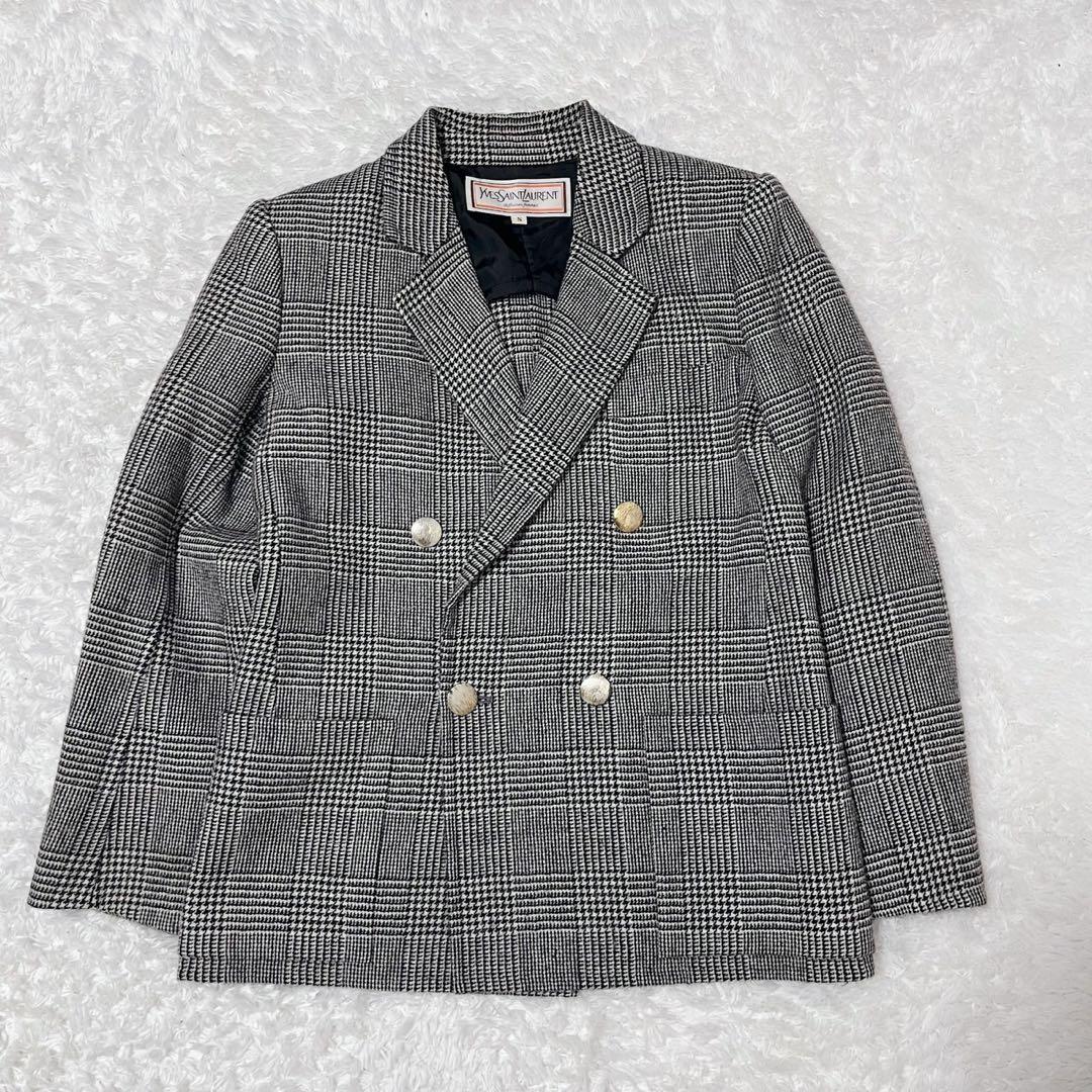 サンローラン ダブルテーラードジャケット 千鳥格子 カシミヤ混 金ボタン