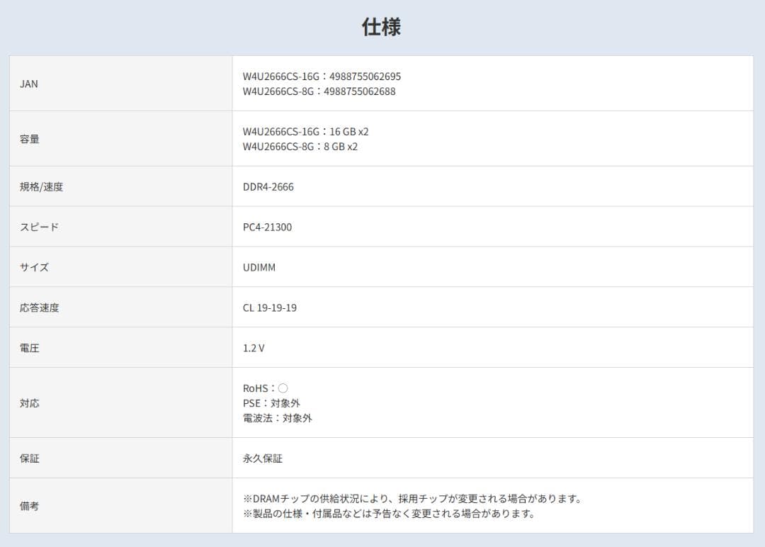 CFD DDR4 メモリ 16GB W4U2666C16G