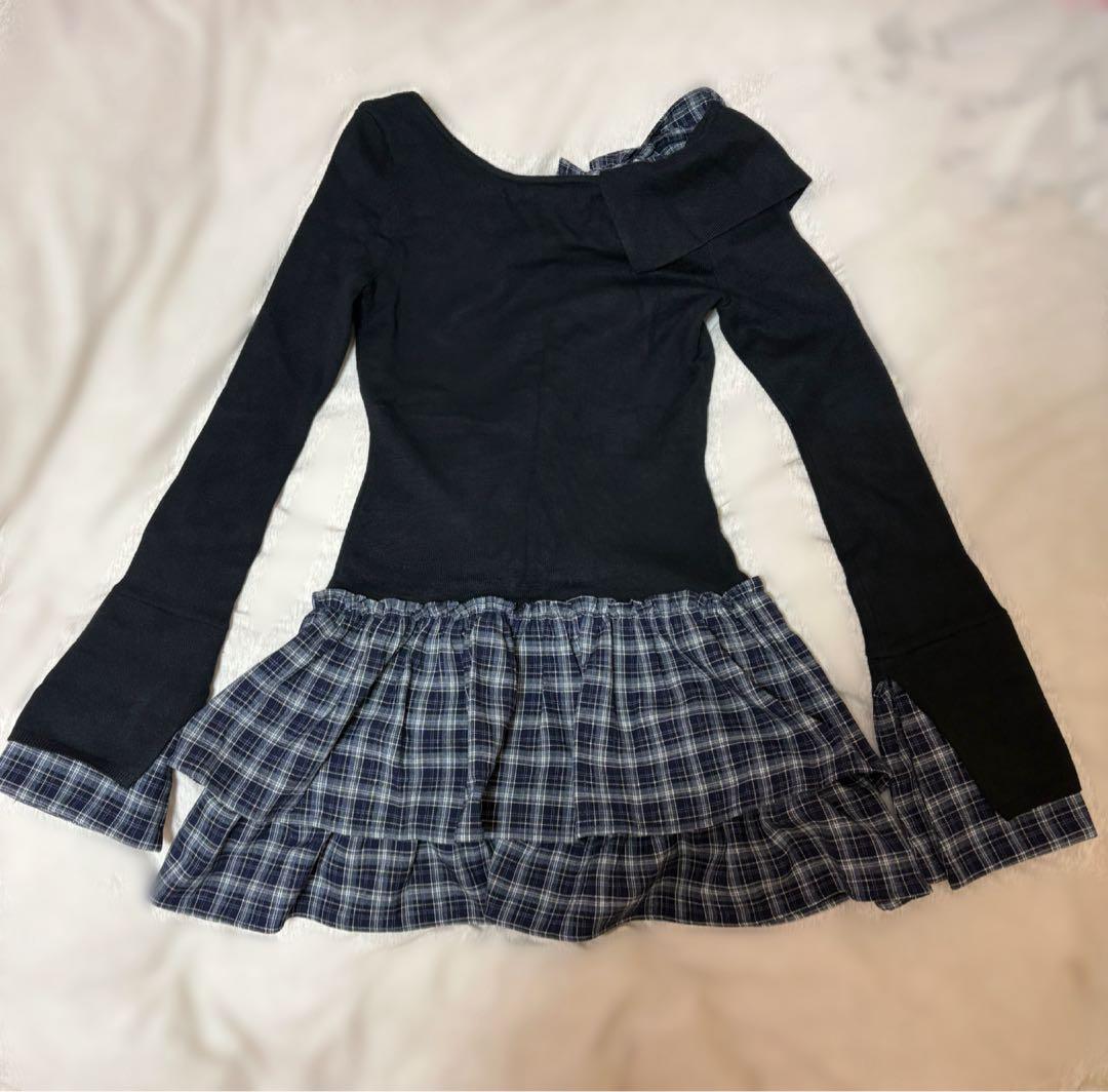 bubbles チェックリボンワンショルワンピース