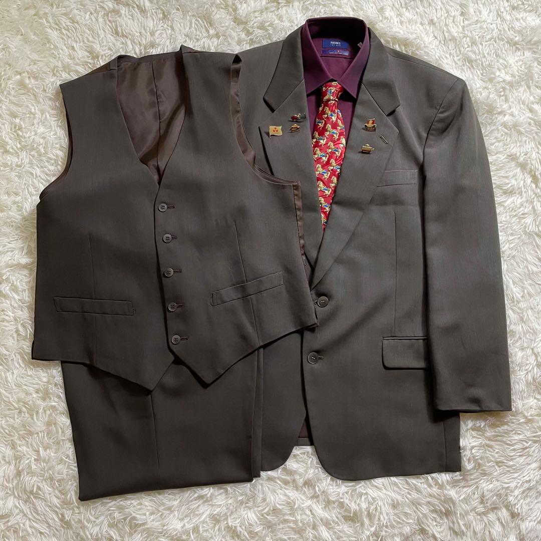 5点セット 3ピース スーツ セットアップ ネクタイ ピンズ 深緑 成人式 XL