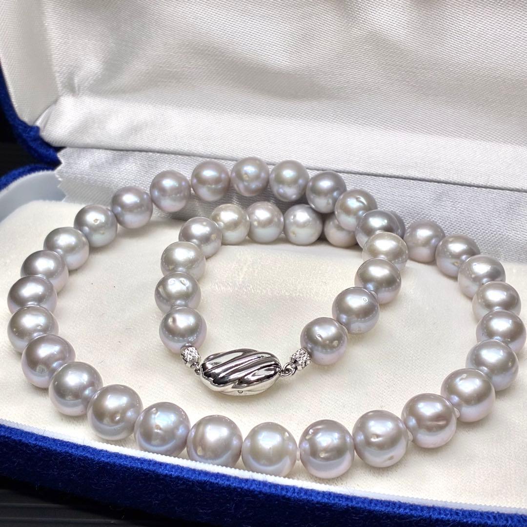 ジュエリーマキ　パールネックレス　リアルパール　グレー系　大珠　箱付
