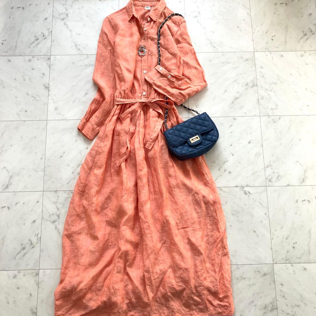 ロンハーマン リネン100% ロングワンピース ウエストベルト オレンジ S