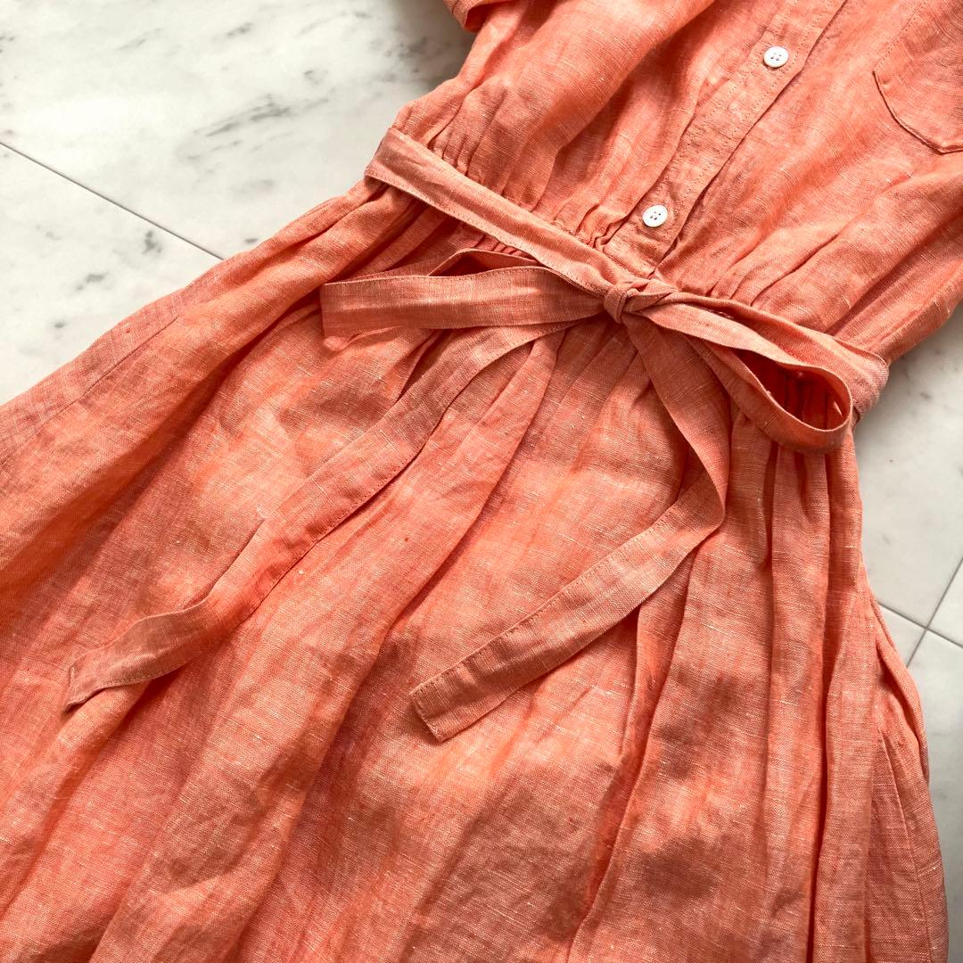 ロンハーマン リネン100% ロングワンピース ウエストベルト オレンジ S