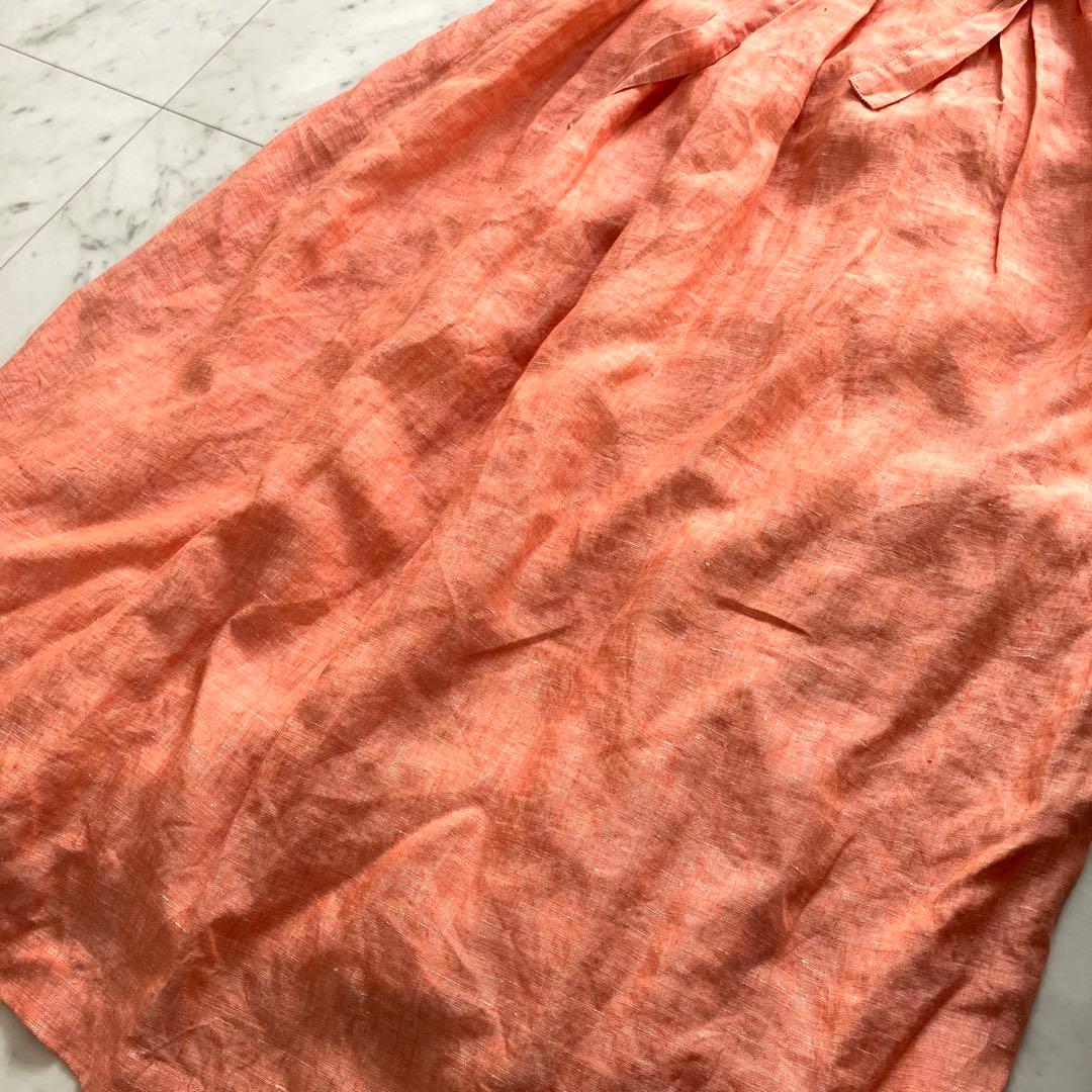 ロンハーマン リネン100% ロングワンピース ウエストベルト オレンジ S