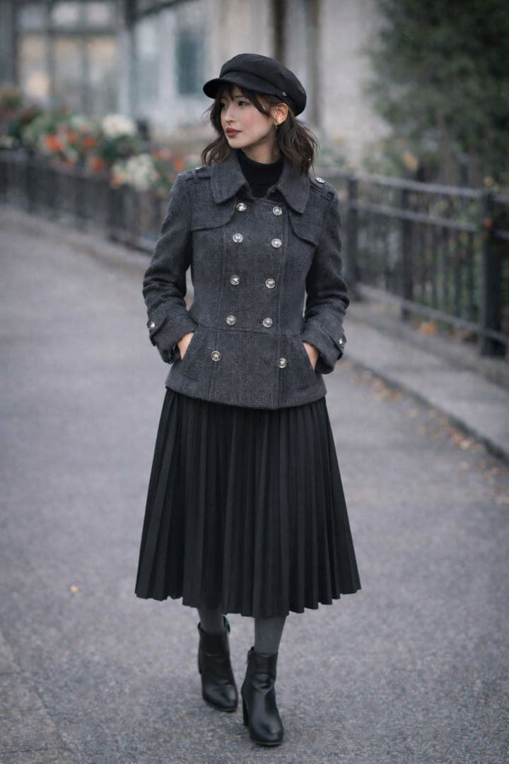 バーバリーブルーレーベルウールコートボタン　フリルチェックグレーBurberry