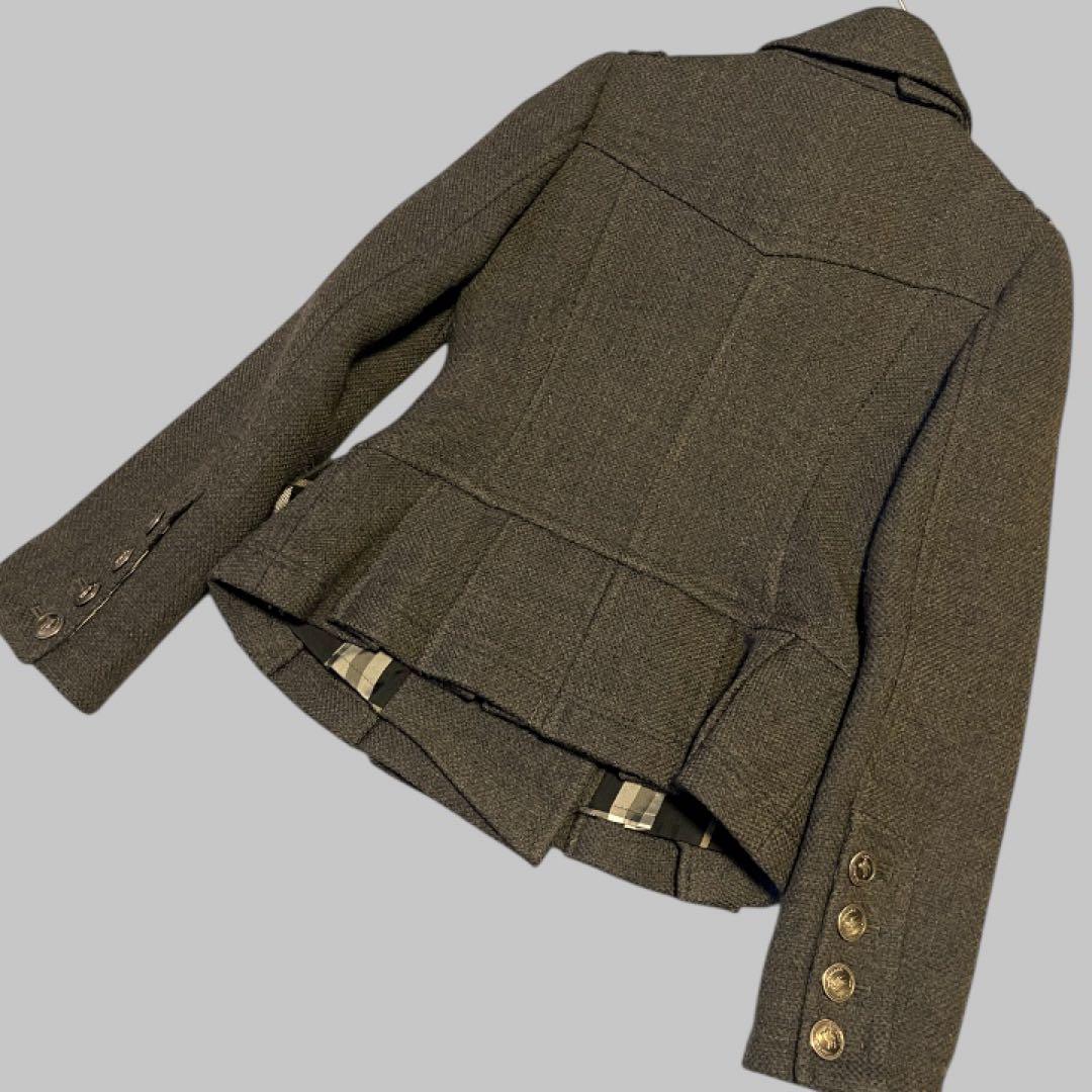 バーバリーブルーレーベルウールコートボタン　フリルチェックグレーBurberry