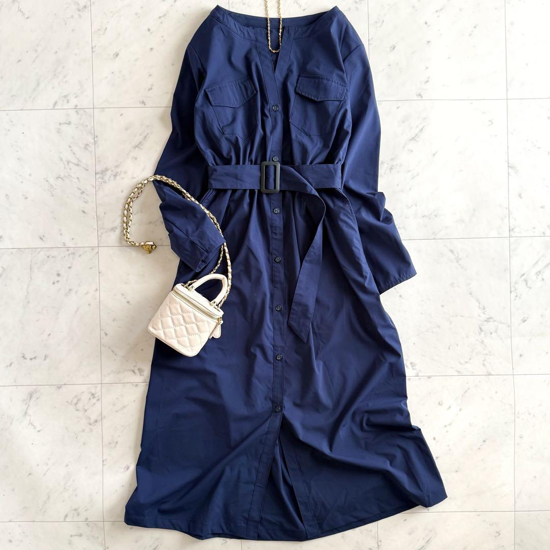 美品 スローブイエナ キーネック ノーカラー シャツギャザーワンピース◆ネイビー