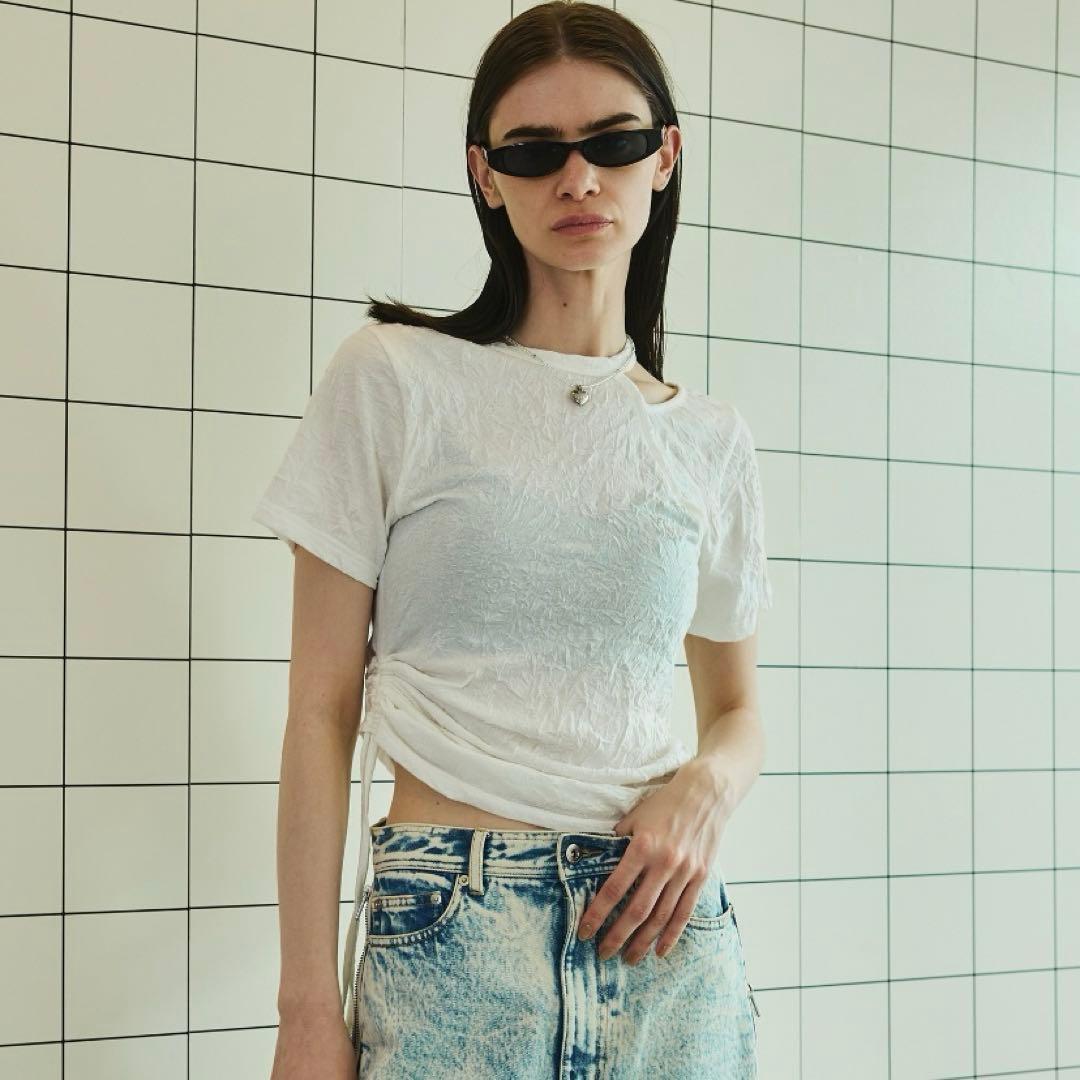 メゾンスペシャル　ワッシャー シャーリング トップス　ホワイト