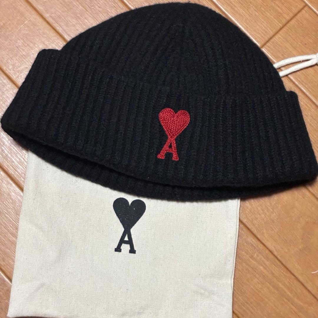 ami ハート刺繍 ニット帽 Uサイズ 黒　アミパリス