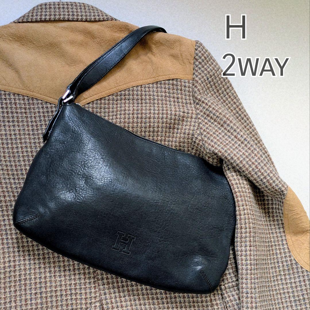 ヒロフ HIROHU 2way シボ加工　レザー ショルダーバッグ　ブラック